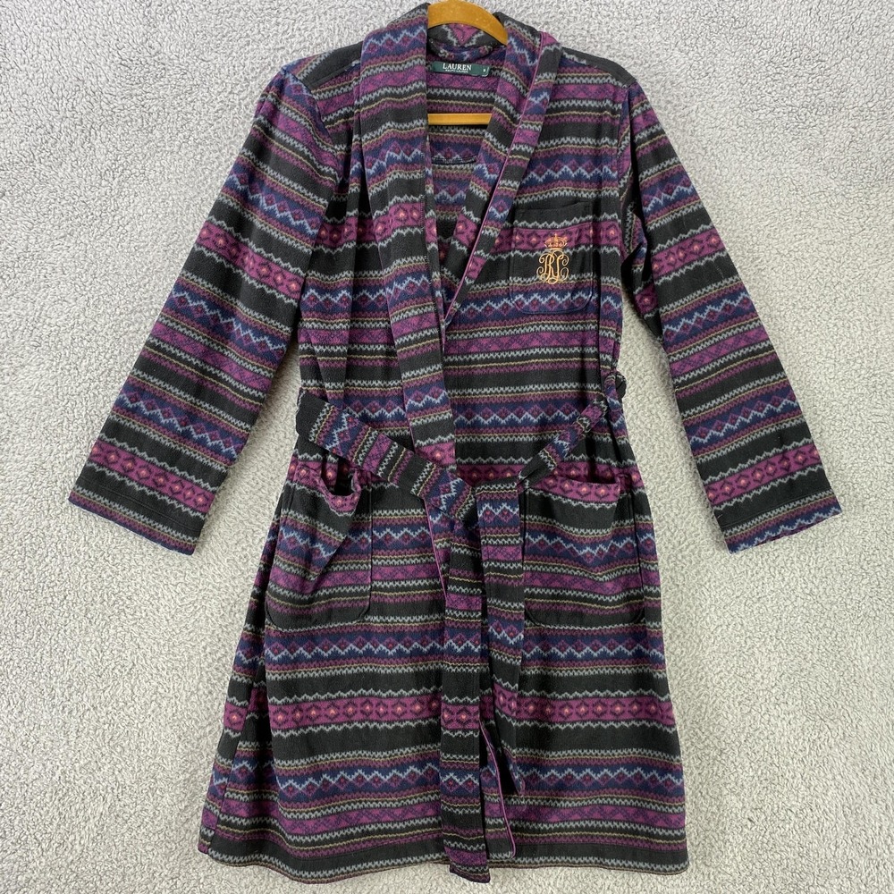 Lauren Ralph Lauren Robe Womens S Crest Fair Isle Fleece Shawl Collar Belted